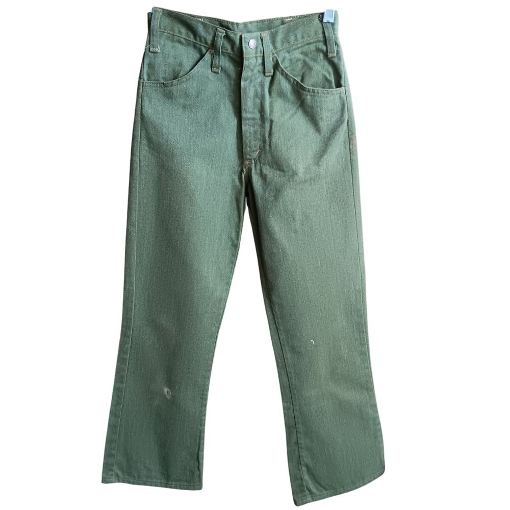 24x27 Boys Vintage Leafy Green Denim Jeans 1970's Flare Distress Hippy Shaggy
